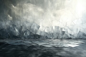 Aufkleber - Abstract grayscale artwork depicting a cracked, textured wall and a fragmented floor, suggesting a desolate or surreal landscape.