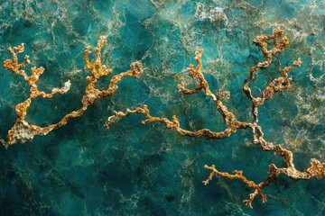 Aufkleber - Abstract art depicting gold-like branches on a teal background, resembling underwater coral or a natural mineral formation.