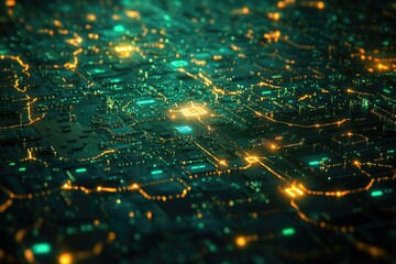 Aufkleber - Abstract digital artwork depicting a complex circuit board with glowing pathways, representing technological advancement.