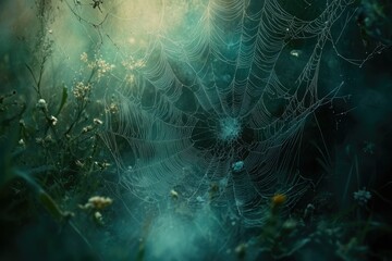 Poster - A dew-kissed spiderweb hangs in a mystical, dark green forest, creating an ethereal and enchanting scene.