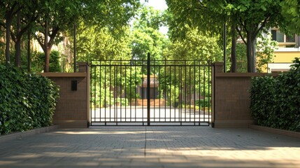 Wall Mural - a black metal gate opens into a lush green garden setting