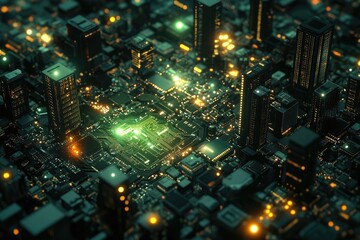 Poster - A futuristic cityscape built on a circuit board, symbolizing the merging of urban life and technology.
