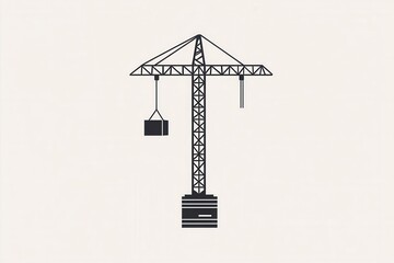 Fototapete - Minimalist logo featuring a silhouette of a tower crane lifting a block against a monochrome background in modern line art style