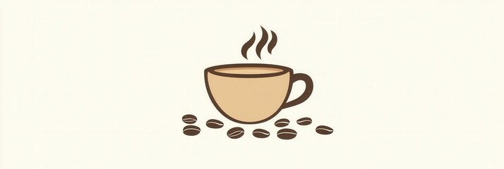 Aufkleber - Elegant minimalist coffee cup logo with steam and scattered coffee beans in warm tones
