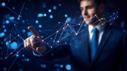 Wall Mural - businessman interacting with futuristic digital network global connection data visualization