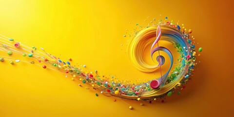 Wall Mural - a colorful music note swirling in a spiral motion around a bright yellow background , spiral, music 