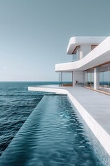 Poster - White house with a pool overlooking the ocean. The pool is surrounded by a white wall and the house is very modern. AI generated