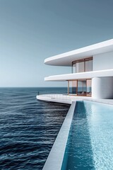Poster - Large white house with a pool and a balcony overlooking the ocean. The house is surrounded by water and has a modern design. AI generated