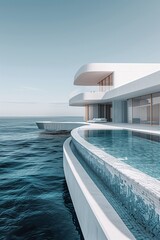 Poster - Large white house with a pool and a balcony overlooking the ocean. The pool is surrounded by a white wall and has a waterfall feature. AI generated
