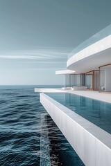 Poster - Beautiful ocean view with a white house and a pool. The pool is on the side of the house and is surrounded by water. The house is white and has a modern design. AI generated