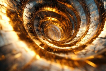 Poster - Abstract swirling golden tunnel, metallic texture, glowing light, digital art.