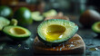 © ภูริพัฒน์ ภิรมย์กิจ - Avocado Delight: A close-up shot captures the enticing allure of a perfectly halved avocado, glistening with olive oil and a sprinkle of sea salt, surrounded by other avocados.