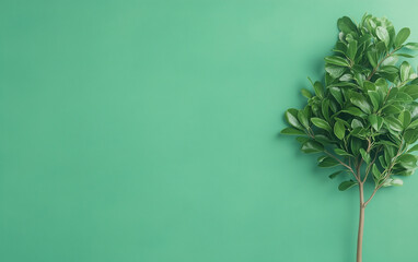 a fresh green tree branch with glossy leaves placed against a smooth green background
