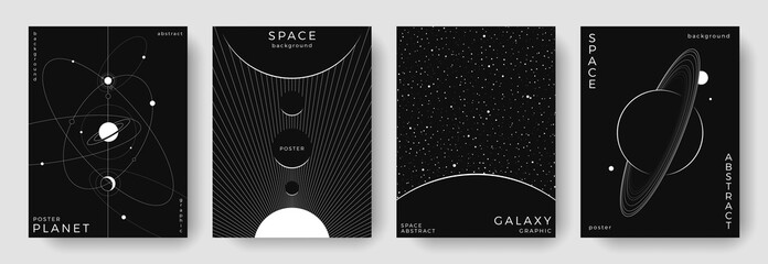 set of abstract space astronomy backgrounds. line art simple galaxy, planet, solar system. black and