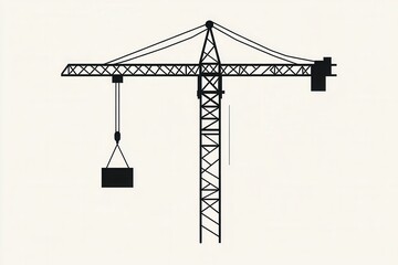 Fototapete - Minimalist construction logo design featuring a silhouette of a tower crane lifting a block against a monochrome background