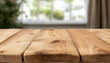 © CHURIN - Wooden table against blurred window, ideal for product display or home decor