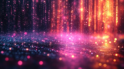 Wall Mural - glittering particles falling on a shimmering floor with a colorful digital backdrop