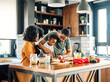 © Lumos sp - child family kitchen food boy son mother father breakfast preparing egg morning healthy diet eating home black african american father cooking parent cute meal kid