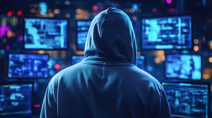 Wall Mural - hooded figure facing monitors with code display in high-tech environment