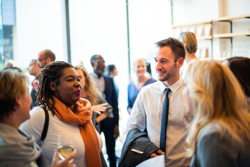Wall Mural - group of diverse people networking at an event. smiling individuals, including a black woman and a w
