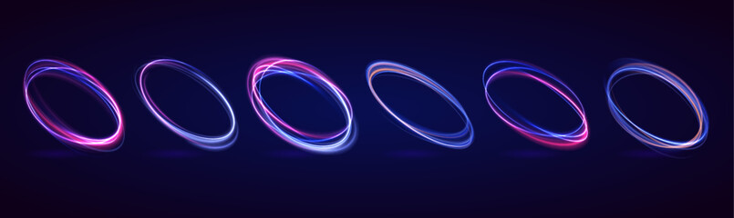 Fototapete - Set of glowing neon color circles and wavy lines. Abstract light trails and dynamic curves create speed motion effects. Energy vortex with glowing spark.