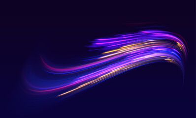 Fototapete - High speed effect motion blur night lights blue and red. Futuristic neon light line trails. Futuristic, technology pattern for banner or poster design background concept.	