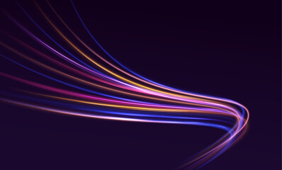Fototapete - Futuristic neon light line trails. bright sparkling background. Abstract wavy line of light with a transparent background, isolated and easy to edit.