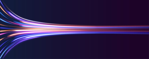 Fototapete - Light trail wave, fire path trace line, car lights, optic fiber and incandescence curve twirl. Vector glitter light fire flare trace. Speed of light in galaxy.	
