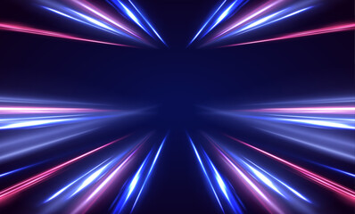 Leinwandbilder - Trendy geometric neon collage for speed movement. Acceleration speed motion on night road. Light and stripes moving fast over dark background.	
