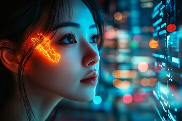 Aufkleber - Young woman with glowing circuitry on her face interacts with a vibrant digital landscape in a futuristic city at night