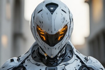 Poster - Futuristic armored robot with glowing eyes stands in urban setting during dusk