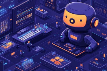 Leinwandbilder - Vibrant futuristic workspace with a large robot and digital interfaces showcasing advanced technology