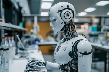 Leinwandbilder - Robot working on a computer in a modern laboratory setting during daylight hours