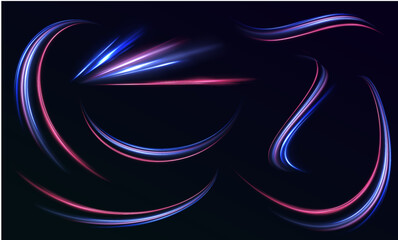 Poster - A large set of low-poly designs made of thin lines in the form of branches, spirals and arcs. High speed effect motion blur night lights blue and red. Vector swirl trail effect.	