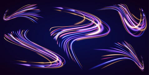 Fototapete - Vector speed of light in space on dark background. Abstract background in blue, yellow and orange neon colors.	
