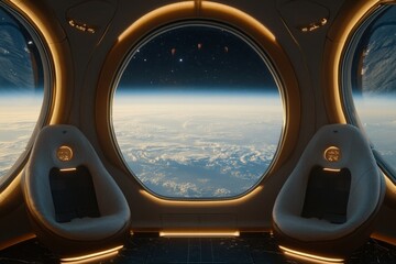 Aufkleber - Spacecraft interior offering stunning view of Earth and outer space from a high altitude