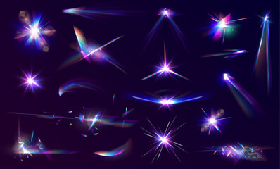 Fototapete - Set Rainbow crystal light leak flare reflection effect. Transparent refraction elements. Transparent refractive elements reflecting the rainbow crystal. Vector illustration.	