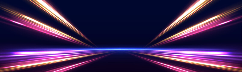 Fototapete - Abstract neon stripes with drills, turns, and swirls in high-speed motion, depicting futuristic road movement and glowing blue-purple light trails.	