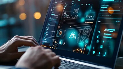 Developer coding on laptop with futuristic interface, cyber technology and innovation
