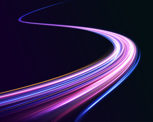 Fototapete - Racing cars dynamic flash effects city road with long exposure night ligh. Neon color glowing lines background, high-speed light trails effect electric light, light effect.	