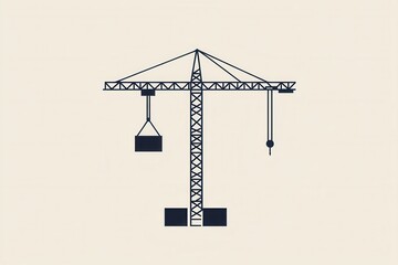 Fototapete - Minimalist construction logo featuring a silhouette of a tower crane lifting a block in modern line art design for contemporary branding