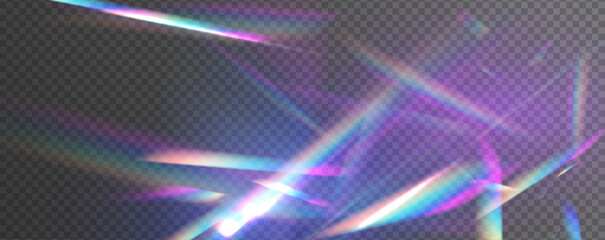 Aufkleber - Ethereal Lens rainbow light streak transparent effect. Crystal Rainbow Light Effects. Overlay for backgrounds. Abstract refraction glow effect on black background.	

