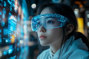Poster - Young woman in futuristic glasses interacting with a digital interface in a tech exhibition during the evening