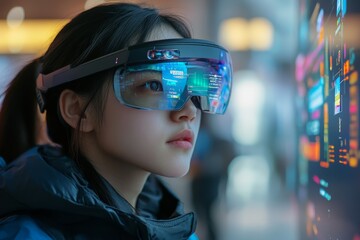 Poster - Young woman explores futuristic technology with augmented reality glasses in a modern urban environment