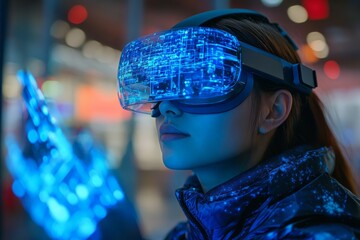 Poster - User engages with virtual reality technology while wearing a headset and glowing gloves in a futuristic setting