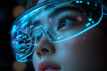 Aufkleber - Advanced technology showcase featuring a person using smart glasses to interact with digital information at night