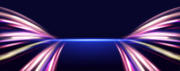 Fototapete - Futuristic high-speed light motion and abstract blue streaks represent the advancement of 5G and beyond technologies. Fiber optics and wireless data transmission enable faster connectivity.