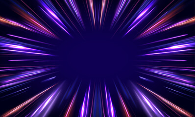 Fototapete - Panoramic high speed technology concept, light abstract background. Image of speed motion on the road. Abstract background in blue and purple neon glow colors.	