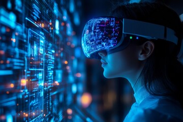 Poster - User engages with advanced virtual reality technology in a futuristic setting showcasing digital data visualization