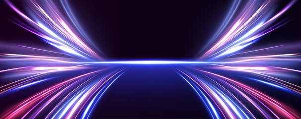 Leinwandbilder - Cyberpunk light trails in motion or light slow shutter effect. Acceleration speed motion on night road. Bright sparkling background. Panoramic high speed technology concept, light abstract background.
